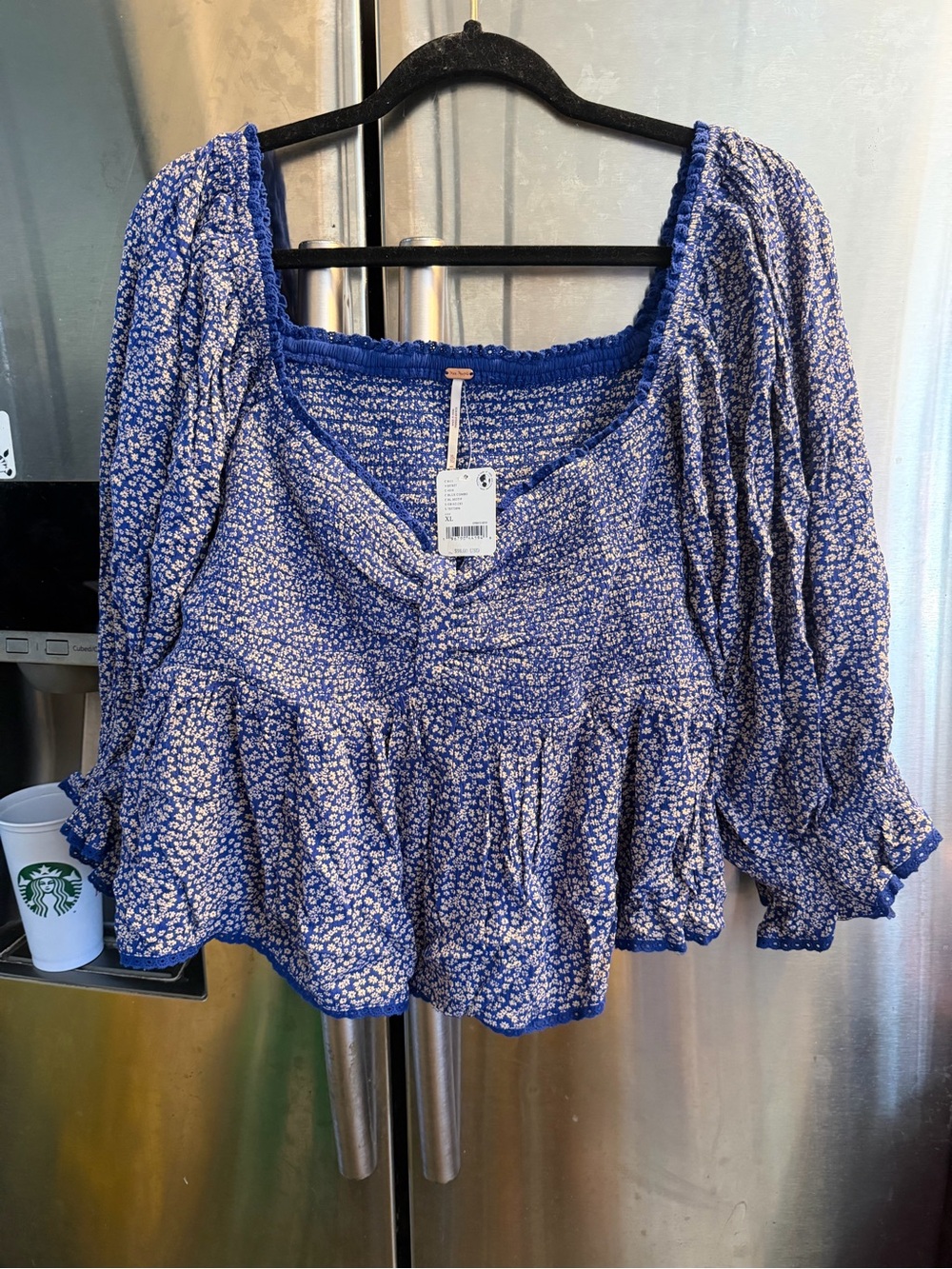 Free People Royal Blue Tiny Floral Smocked Peasant Top